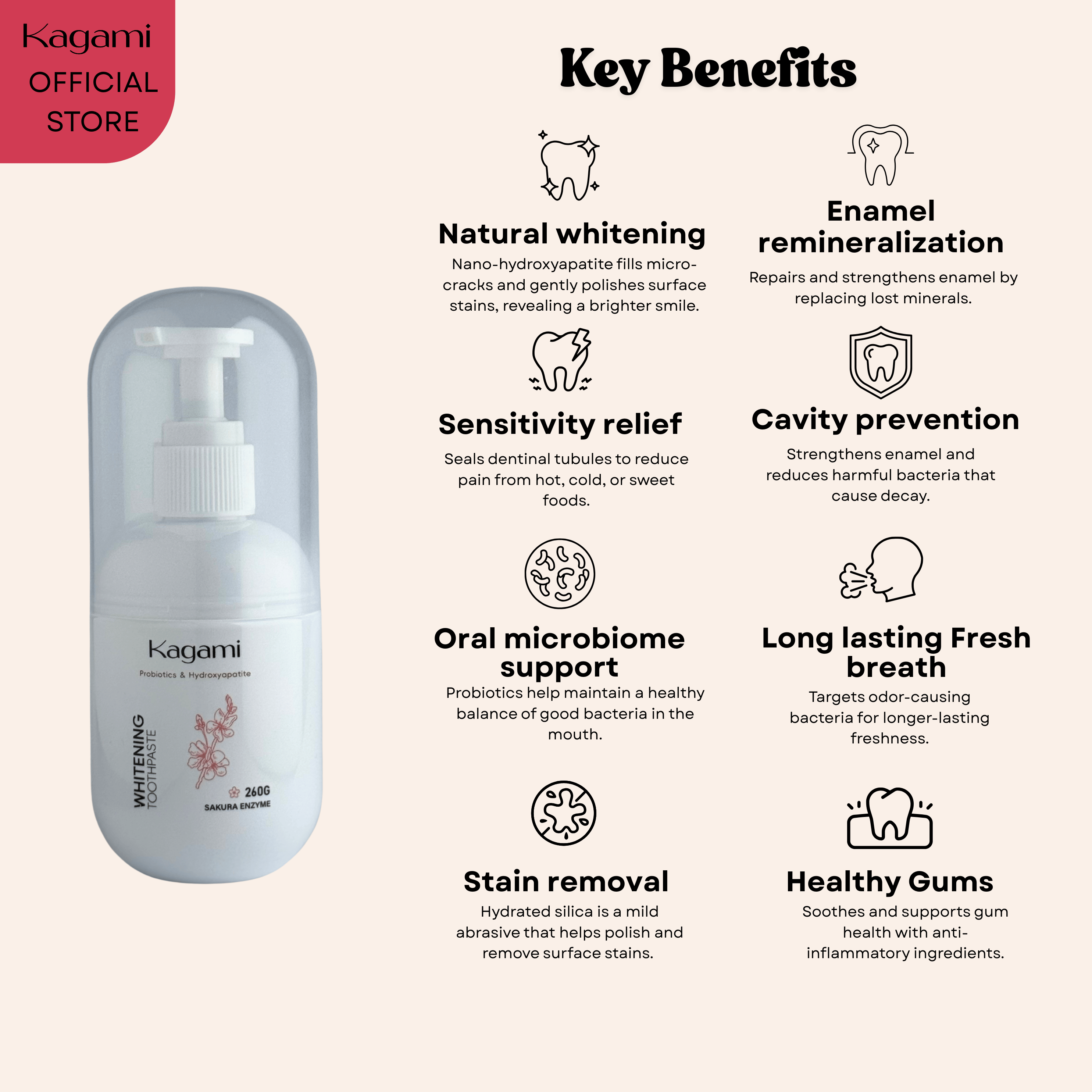 Kagami Probiotic Whitening Sakura Toothpaste (Nano-Hydroxyapatite) Bottle 260g